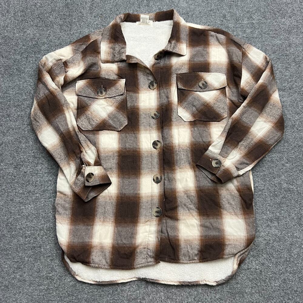 Passport Flannel Jacket Women's L Brown Ivory Plaid Sherpa Lined Button NWT